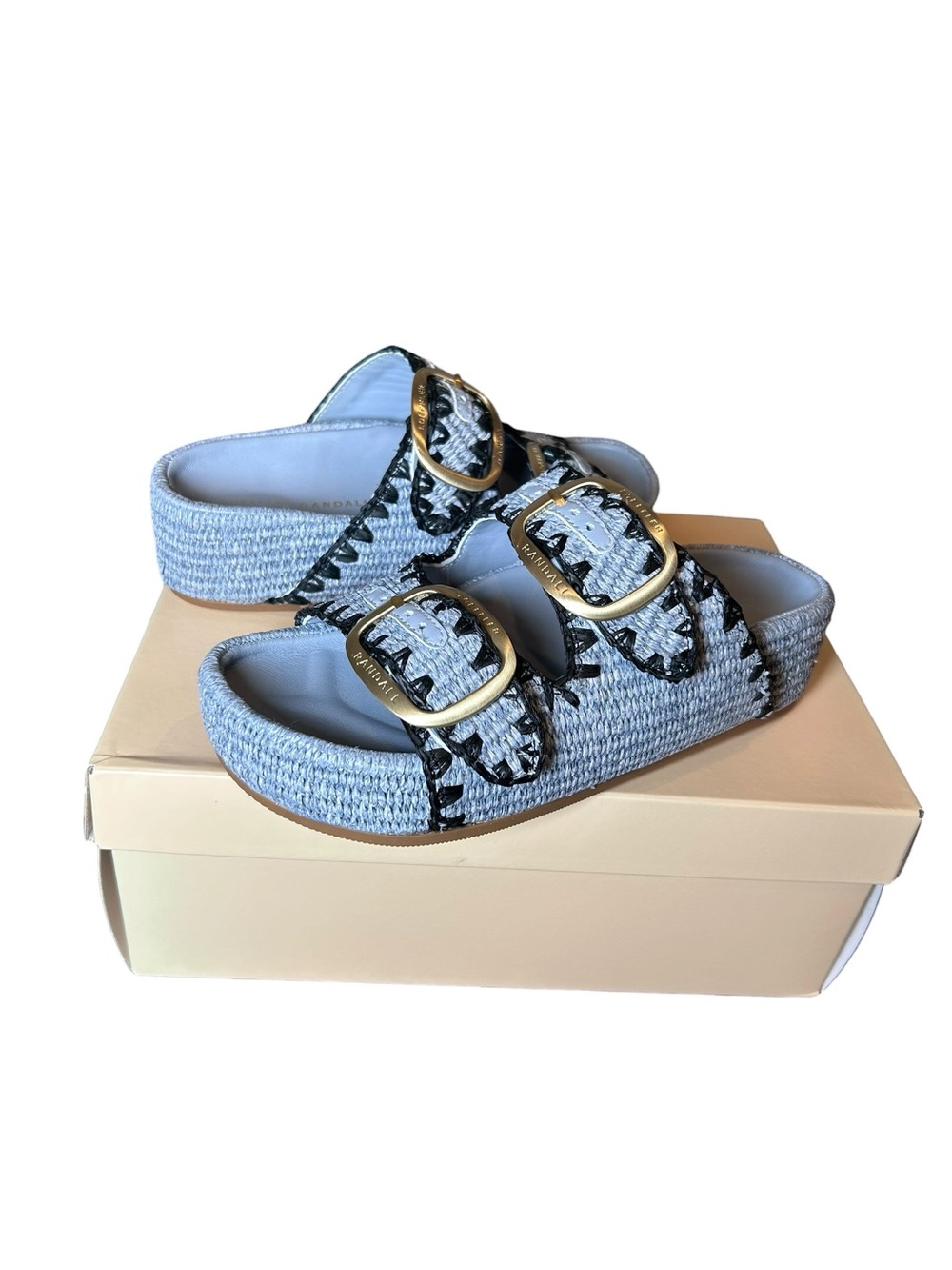 New in box Loeffler Randall Nico Blue Two Band Sandals size 7 buckle flats